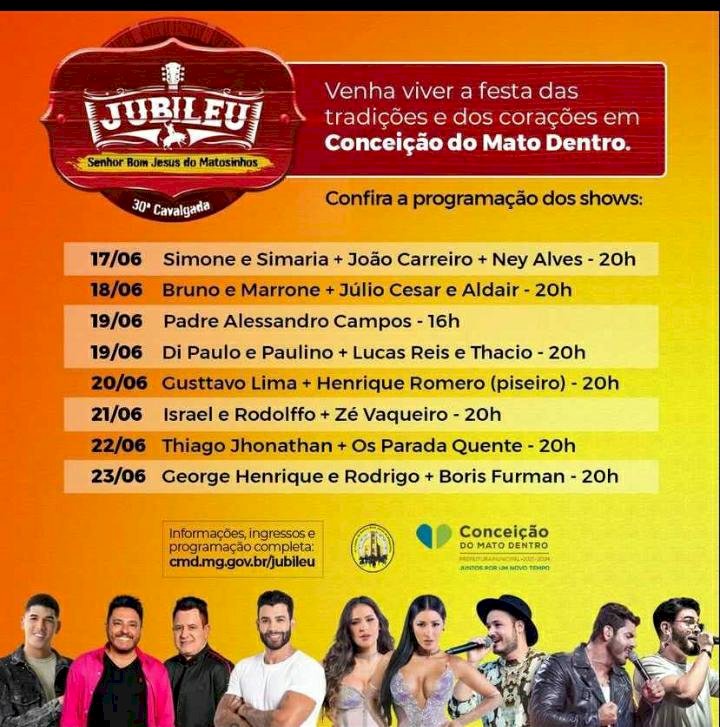 Conheça toda a programação de shows do Jubileu de Conceição do Mato Dentro